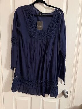S.L. Fashions Navy Crochet-Trim Tunic Top Pool cover up